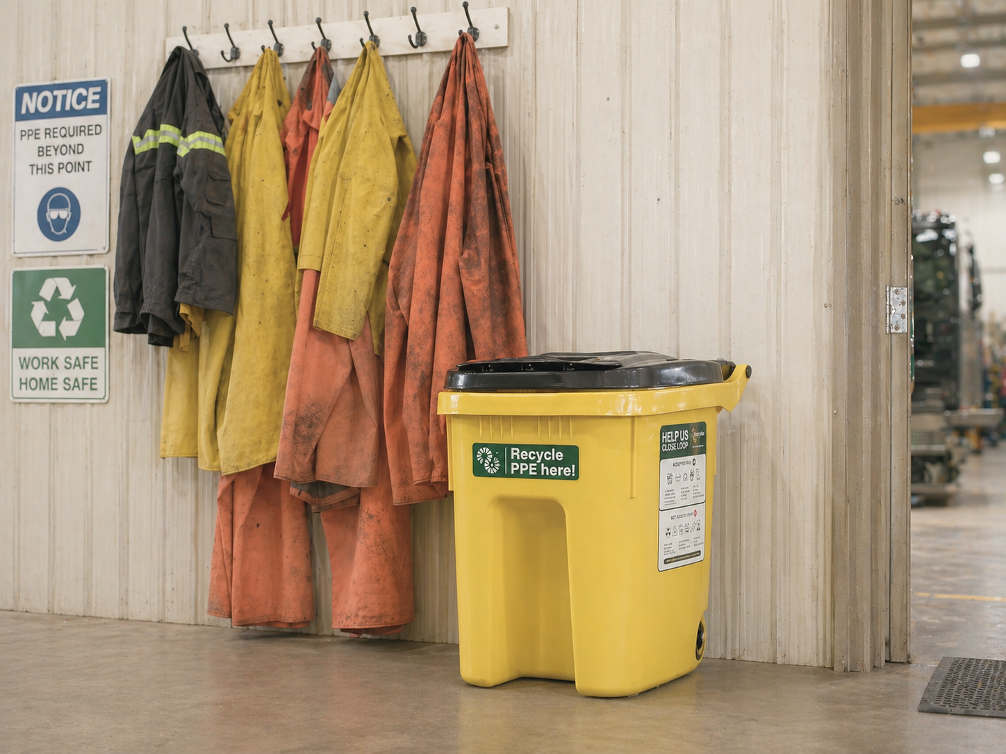 Recycle PPE here collection bin with industrial workwear